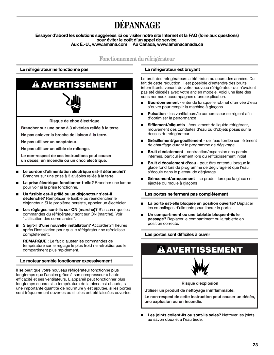 Amana T2RFWG2, T1WG2L installation instructions Dépannage, Fonctionnement du réfrigérateur 