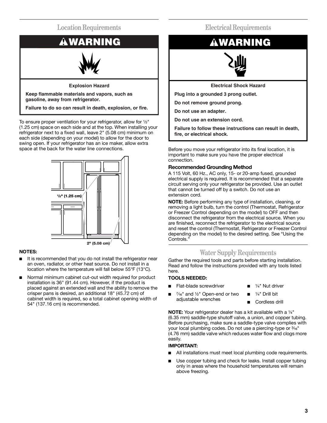 Amana T2RFWG2 LocationRequirements, Electrical Requirements, Water Supply Requirements, Recommended Grounding Method 