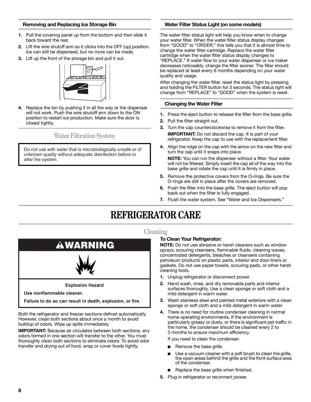 Amana T1WG2L, T2RFWG2 installation instructions Refrigerator Care, Water Filtration System, Cleaning 