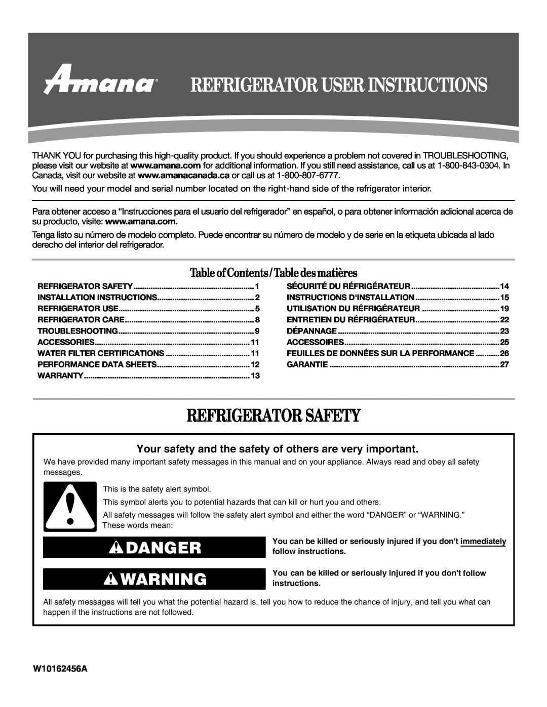Amana T2RFWG2 installation instructions Refrigerator Safety, Danger, Table of Contents / Table desmatières, W10162456A 