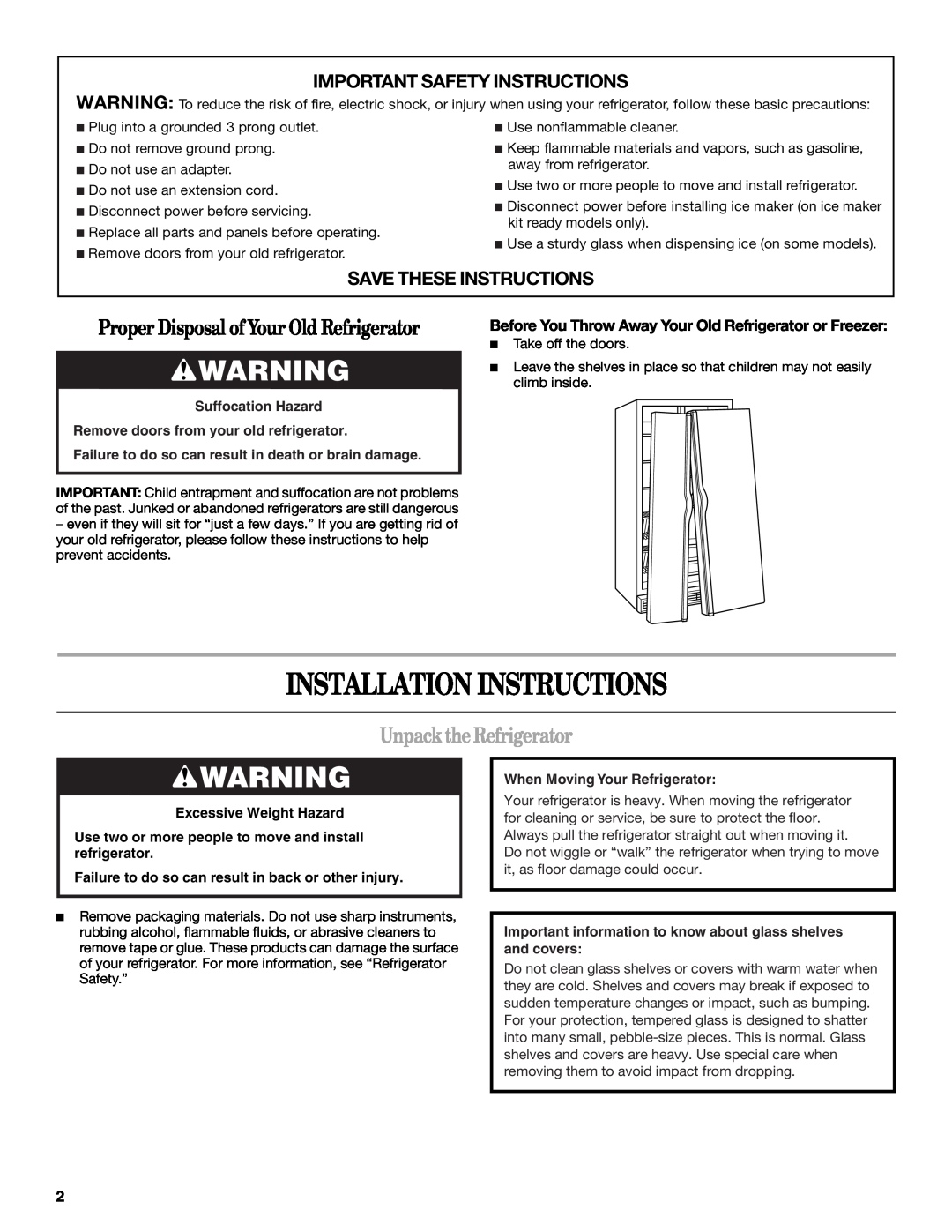 Amana T1WG2L Installation Instructions, Unpack the Refrigerator, Important Safety Instructions, Save These Instructions 