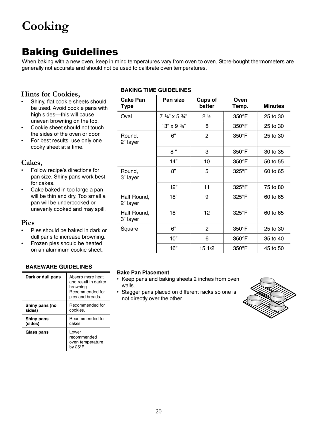 Amana The Big Oven Gas Range, ACF3355A owner manual Cooking, Baking Guidelines, Hints for Cookies, Cakes, Pies 