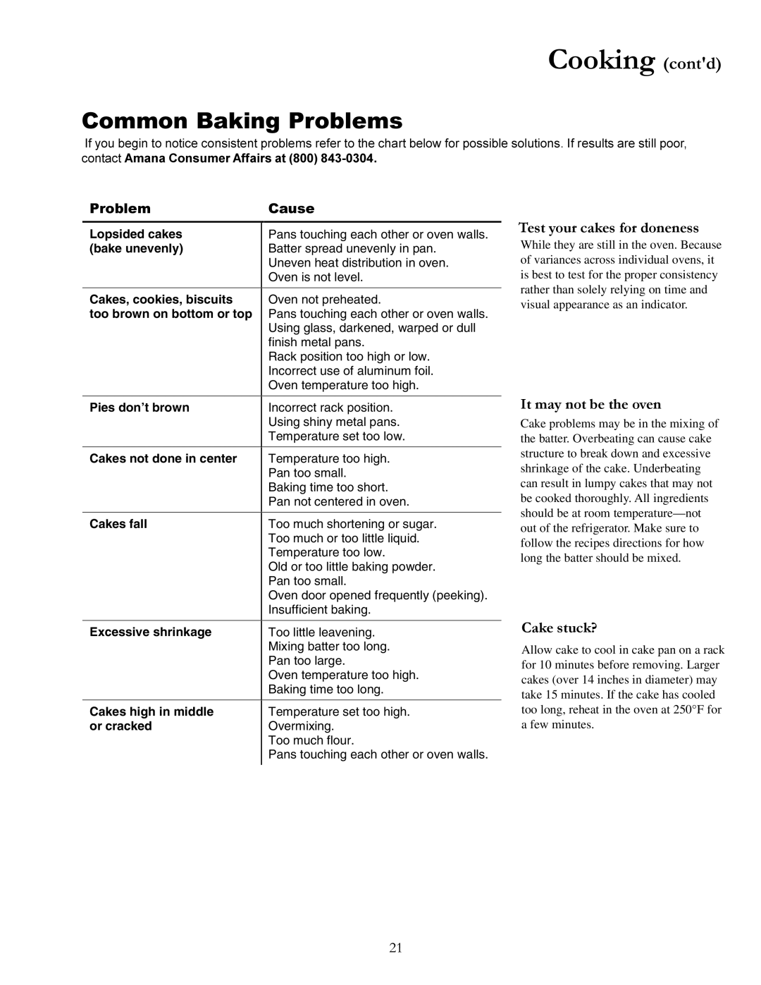 Amana ACF3355A Cooking contd, Common Baking Problems, Test your cakes for doneness, It may not be the oven, Cake stuck? 