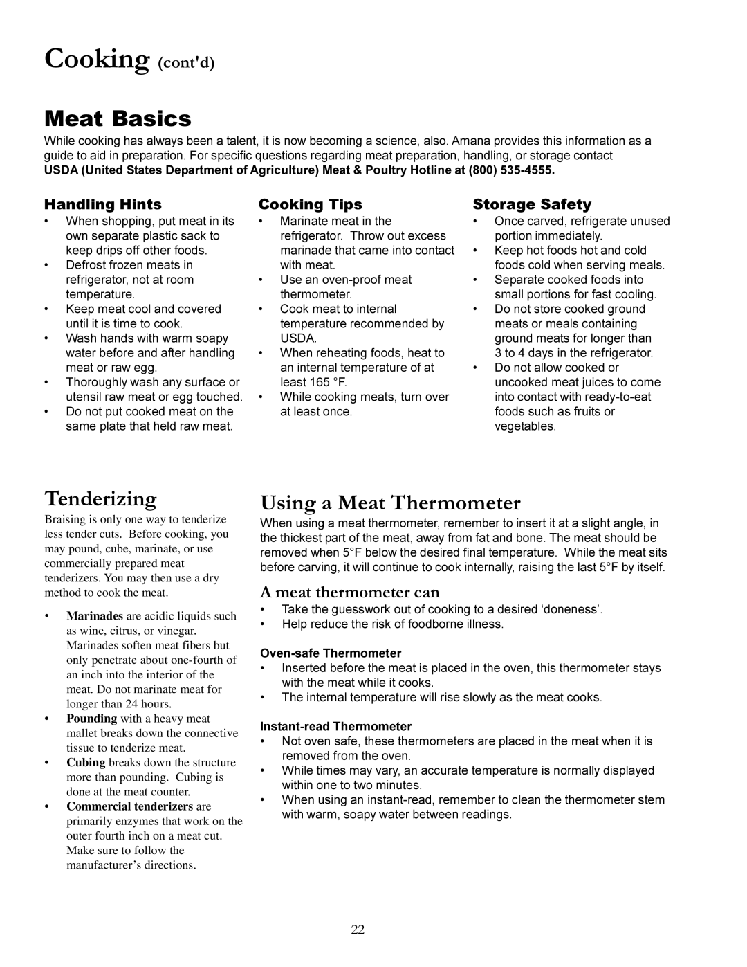 Amana The Big Oven Gas Range, ACF3355A owner manual Meat Basics, Tenderizing, Using a Meat Thermometer, Meat thermometer can 