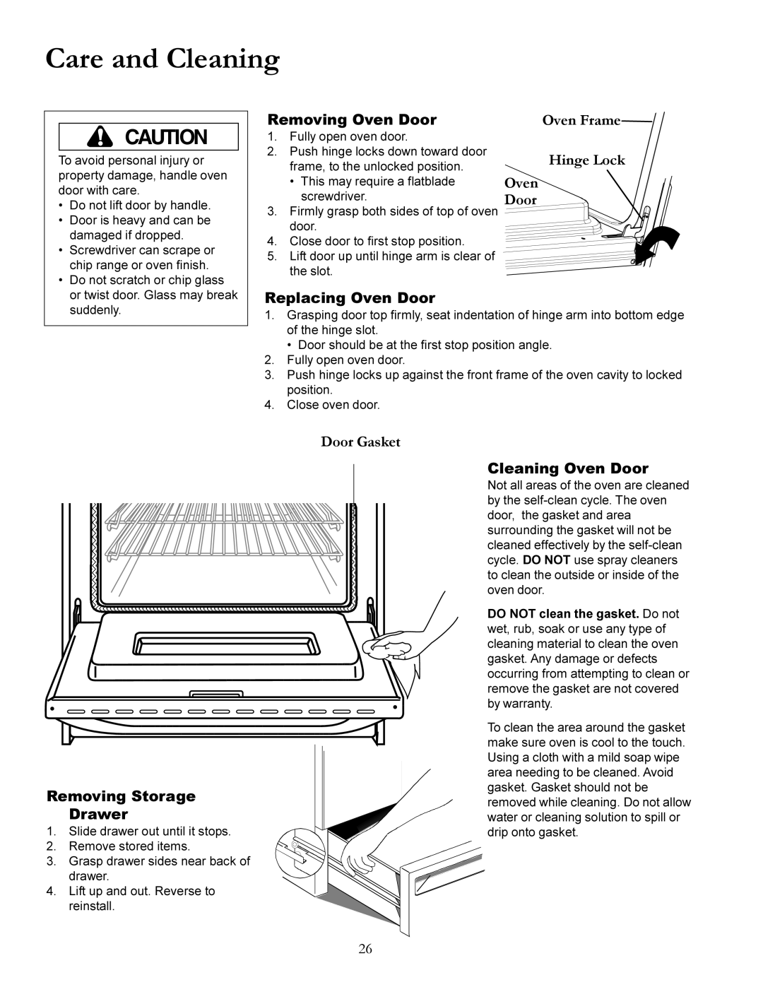 Amana The Big Oven Gas Range, ACF3355A Care and Cleaning, Removing Oven Door, Replacing Oven Door, Cleaning Oven Door 