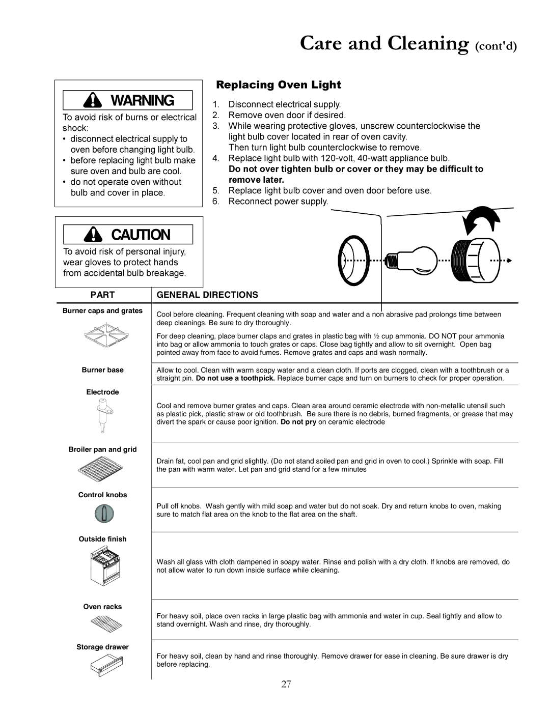 Amana ACF3355A, The Big Oven Gas Range owner manual Care and Cleaning contd, Replacing Oven Light, Part, General Directions 