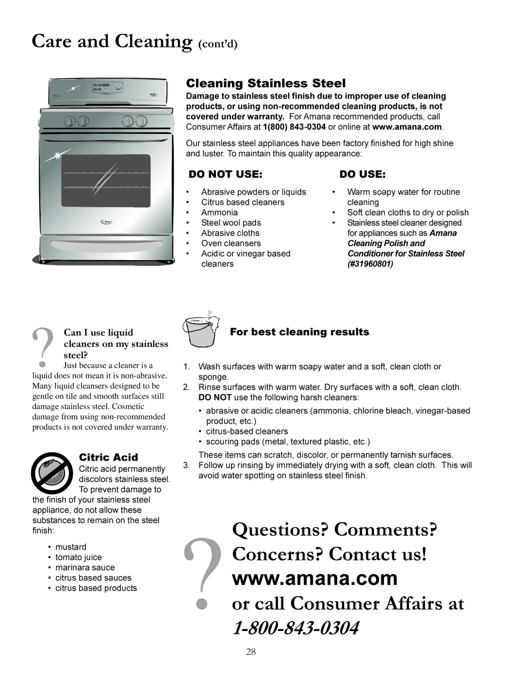 Amana The Big Oven Gas Range, ACF3355A Care and Cleaning cont’d, Or call Consumer Affairs at, Cleaning Stainless Steel 