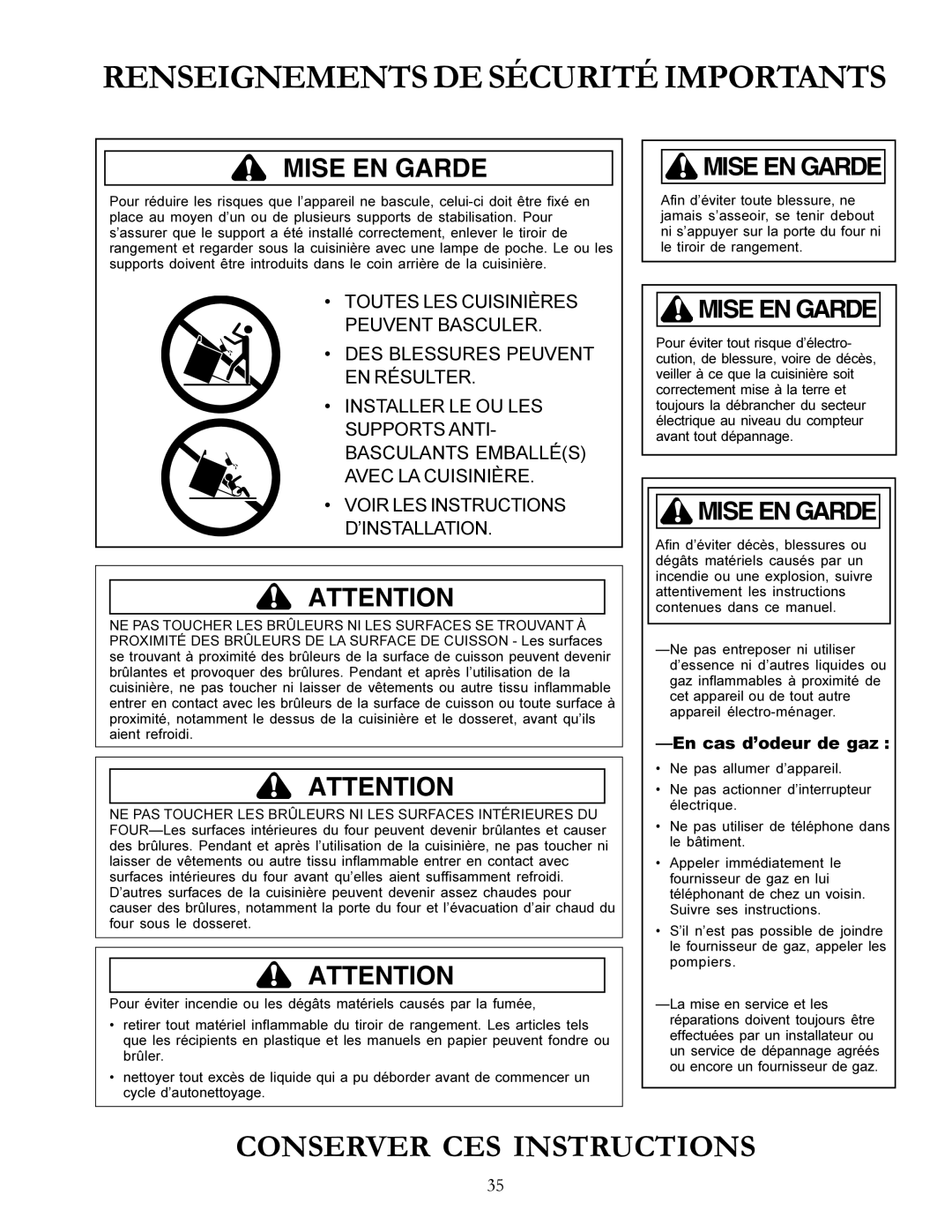 Amana ACF3355A, The Big Oven Gas Range owner manual Renseignements DE Sécurité Importants 