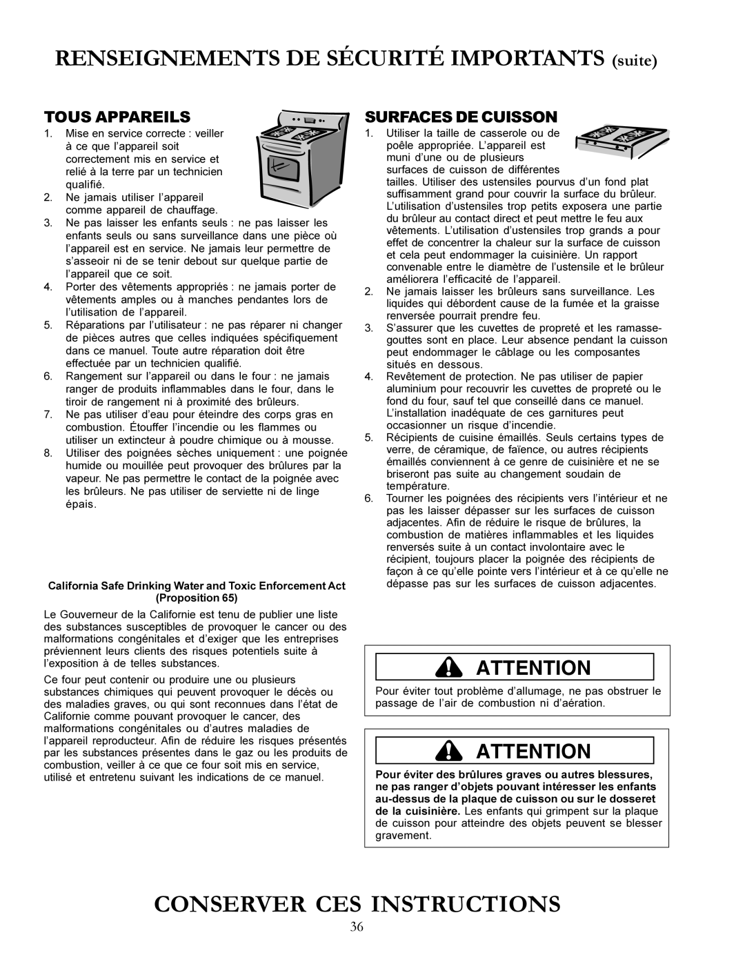 Amana The Big Oven Gas Range, ACF3355A owner manual Renseignements DE Sécurité Importants suite 