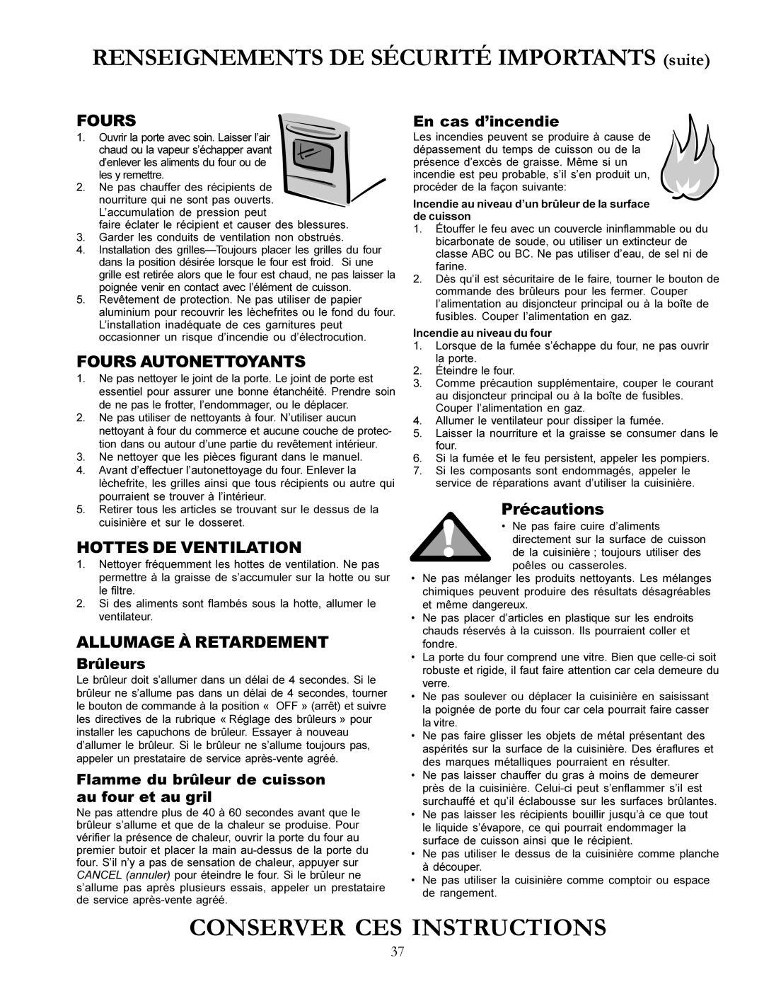 Amana ACF3355A owner manual Précautions, Brûleurs, Flamme du brûleur de cuisson au four et au gril, En cas d’incendie 