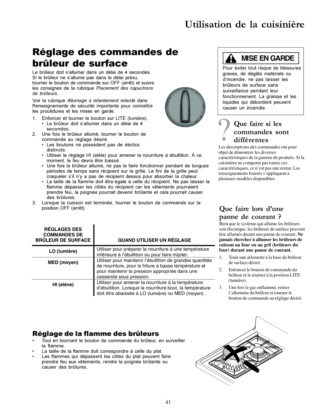 Amana ACF3355A, The Big Oven Gas Range Utilisation de la cuisinière, Réglage des commandes de brûleur de surface 