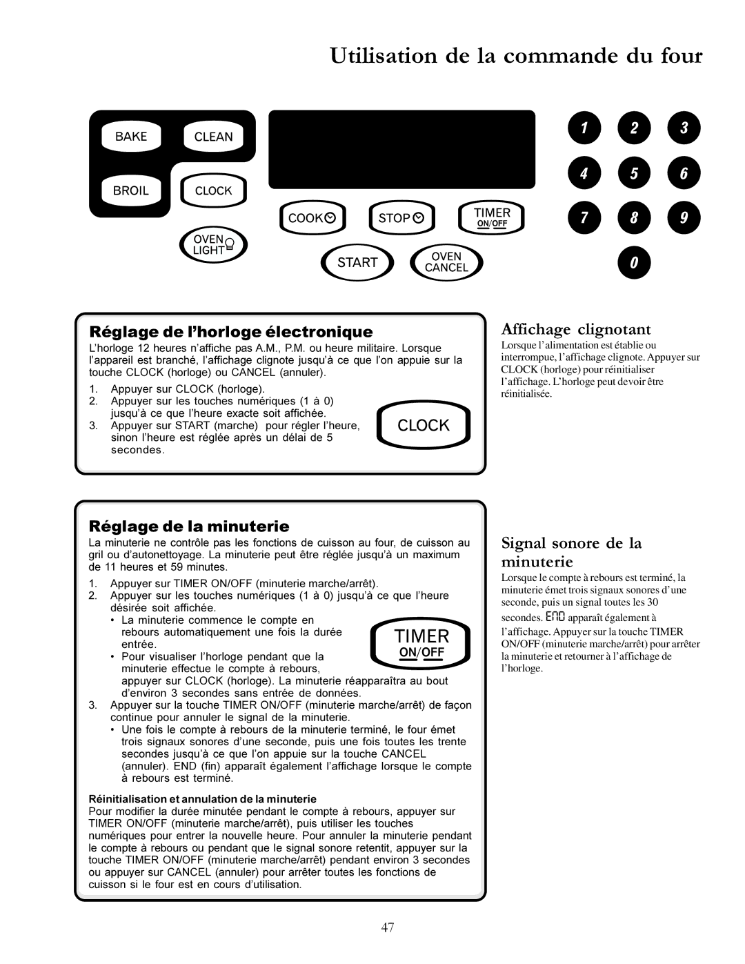 Amana ACF3355A owner manual Affichage clignotant, Signal sonore de la minuterie, Réglage de l’horloge électronique 