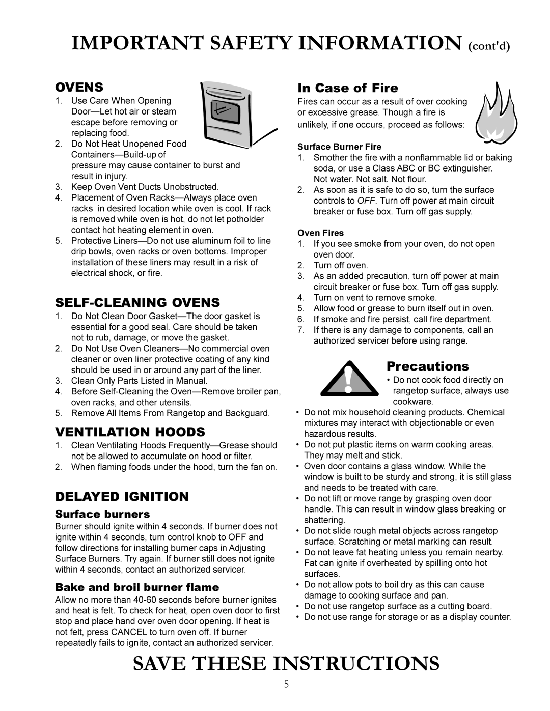 Amana ACF3355A, The Big Oven Gas Range owner manual Case of Fire, Precautions, Surface burners, Bake and broil burner flame 