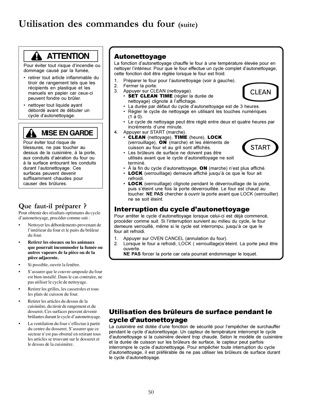 Amana The Big Oven Gas Range, ACF3355A Que faut-il préparer ?, Autonettoyage, Interruption du cycle d’autonettoyage 