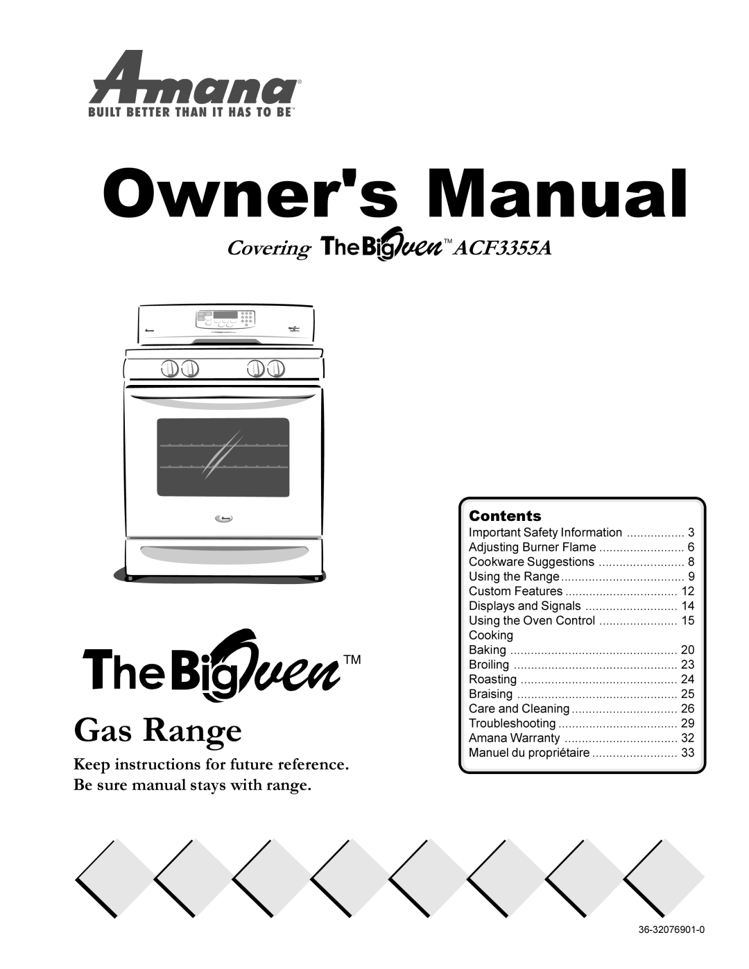 Amana The Big Oven Gas Range owner manual Covering TMACF3355A, Owners Manual, Contents 