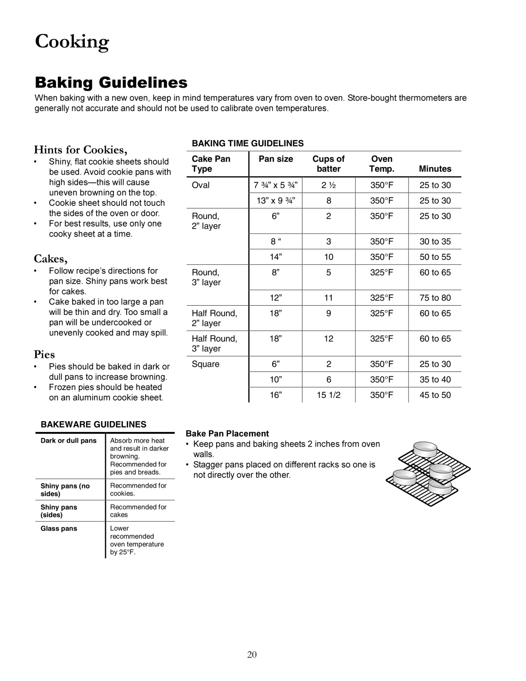 Amana The Big Oven Gas Range Cooking, Baking Guidelines, Hints for Cookies, Cakes, Pies, Bakeware Guidelines, Cake Pan 
