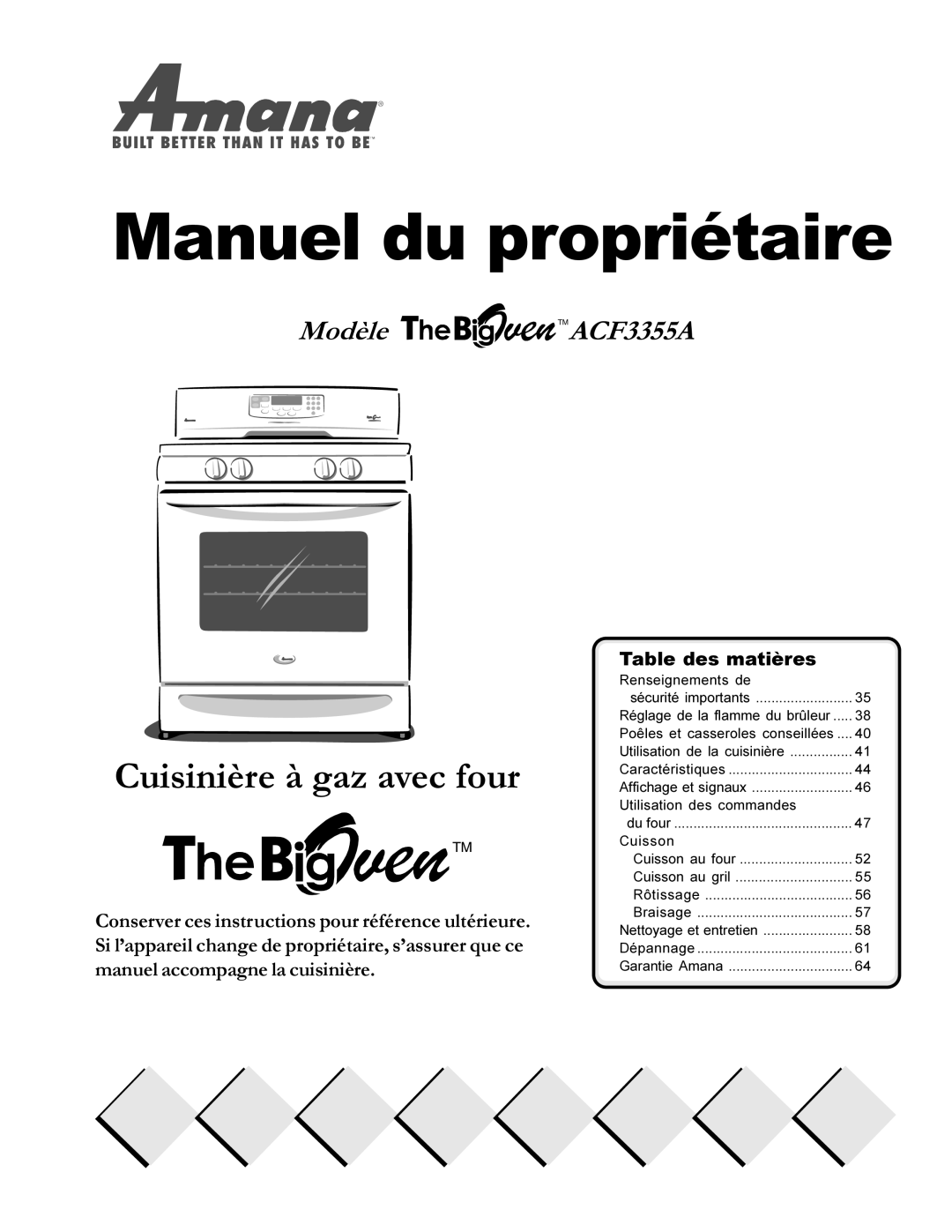 Amana The Big Oven Gas Range Cuisinière à gaz avec four, Modèle TMACF3355A, Manuel du propriétaire, Table des matières 