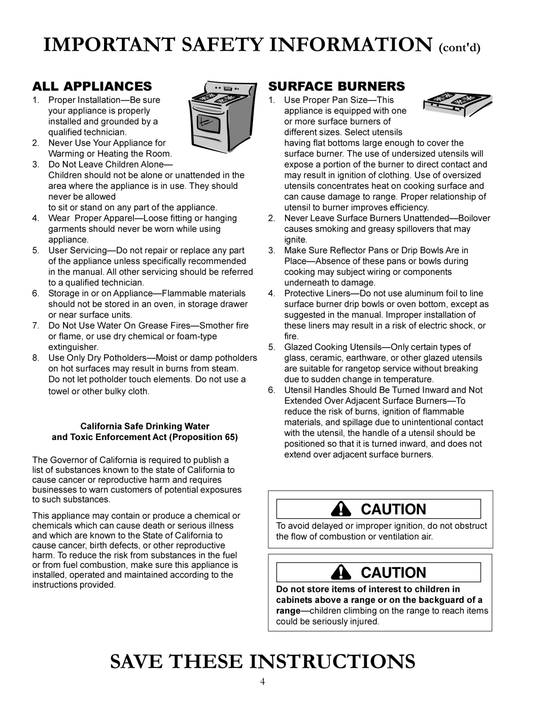 Amana The Big Oven Gas Range IMPORTANT SAFETY INFORMATION contd, All Appliances, Surface Burners, Save These Instructions 