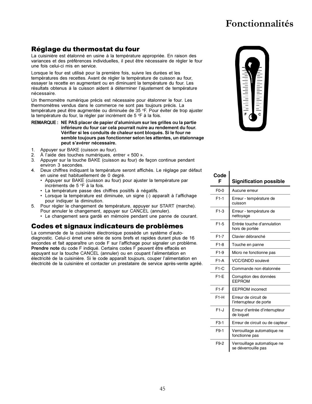 Amana ACF3355A owner manual Fonctionnalités, Réglage du thermostat du four, Codes et signaux indicateurs de problèmes 
