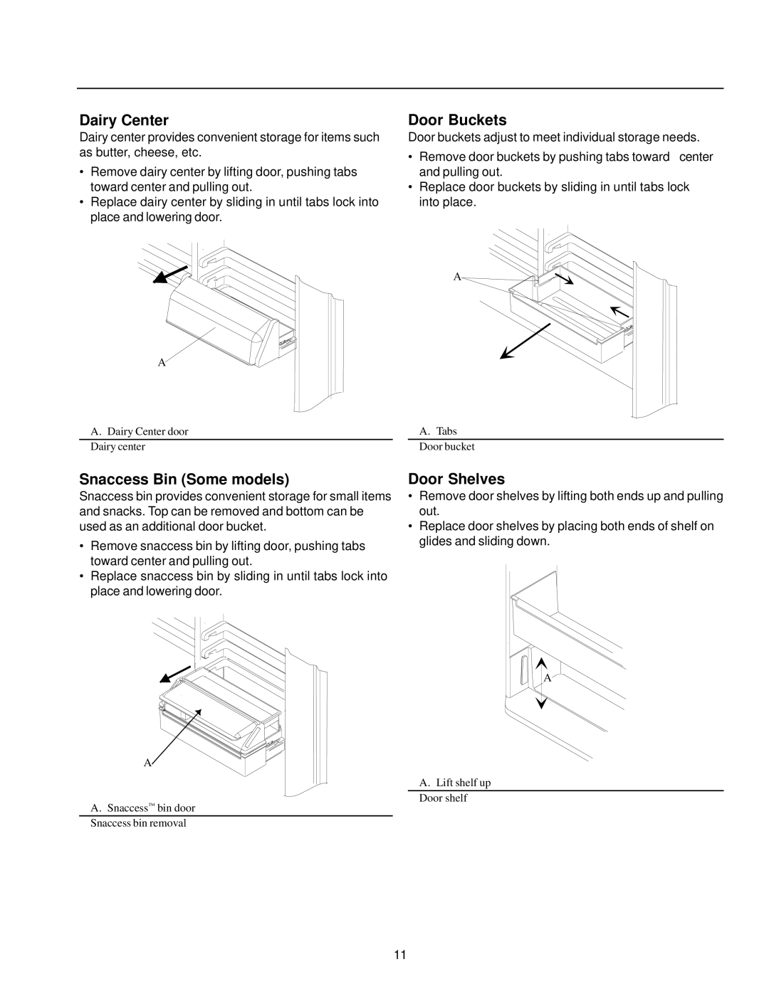 Amana Top-Freezer Refrigerator owner manual Dairy Center, Door Buckets, Snaccess Bin Some models, Door Shelves 