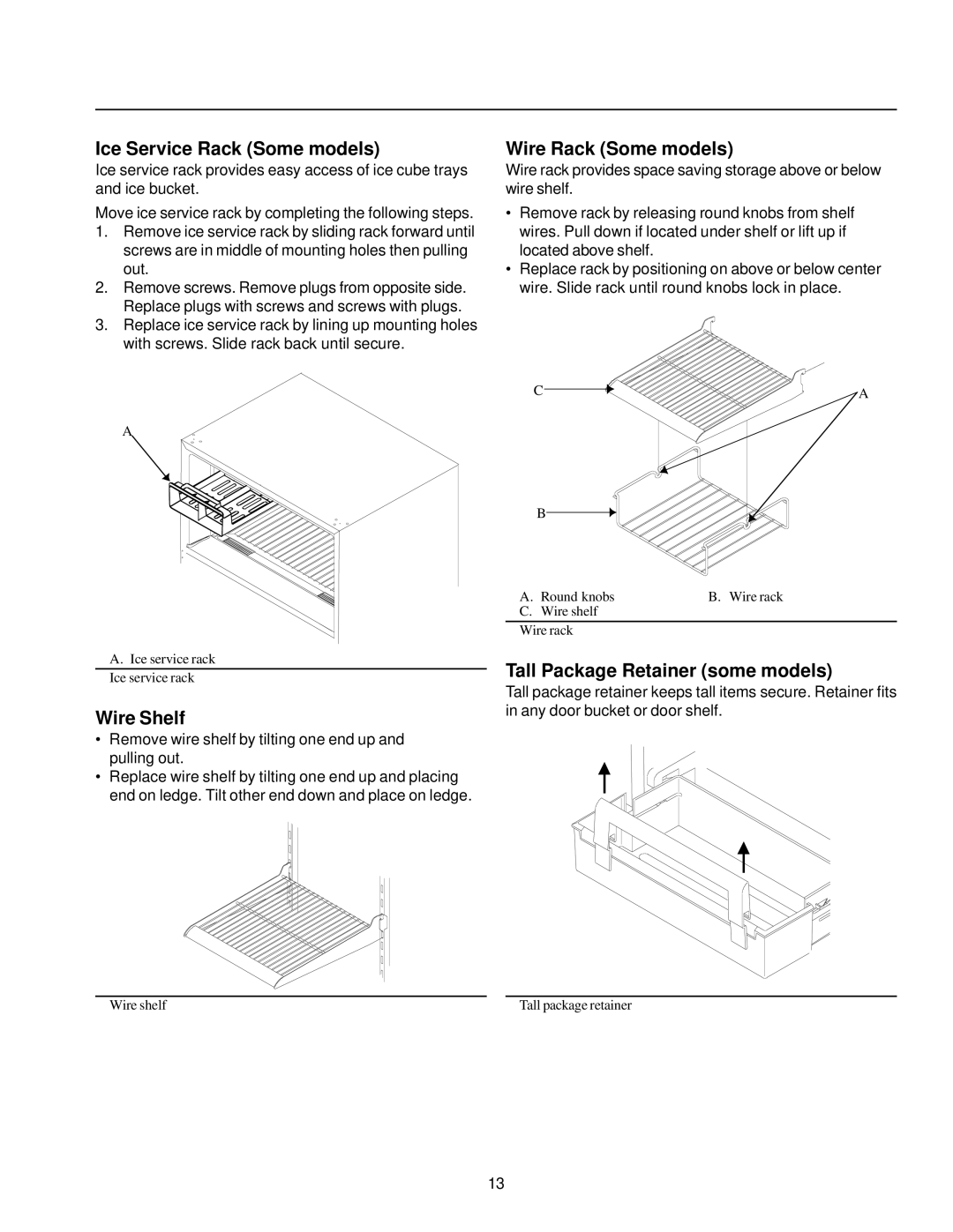 Amana Top-Freezer Refrigerator owner manual Ice Service Rack Some models, Wire Shelf, Wire Rack Some models 