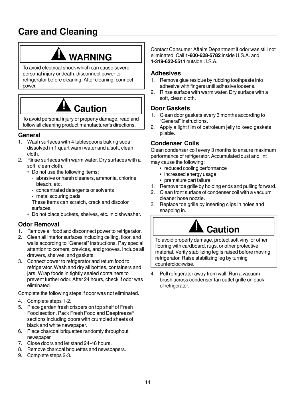 Amana Top-Freezer Refrigerator owner manual Care and Cleaning 