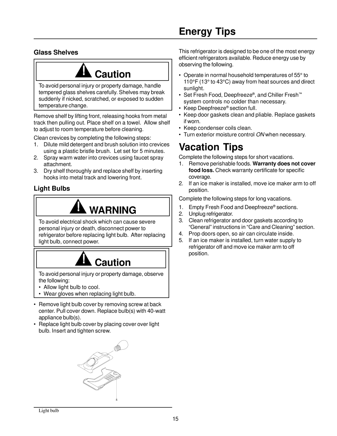 Amana Top-Freezer Refrigerator owner manual Energy Tips, Vacation Tips, Glass Shelves, Light Bulbs 