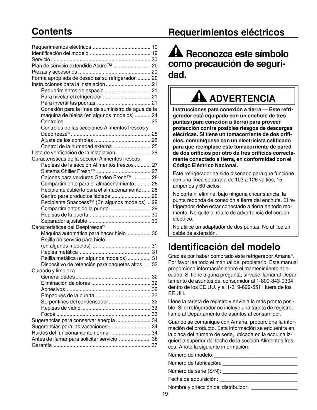 Amana Top-Freezer Refrigerator Contents Requerimientos eléctricos, Reconozca este símbolo como precaución de seguri- dad 