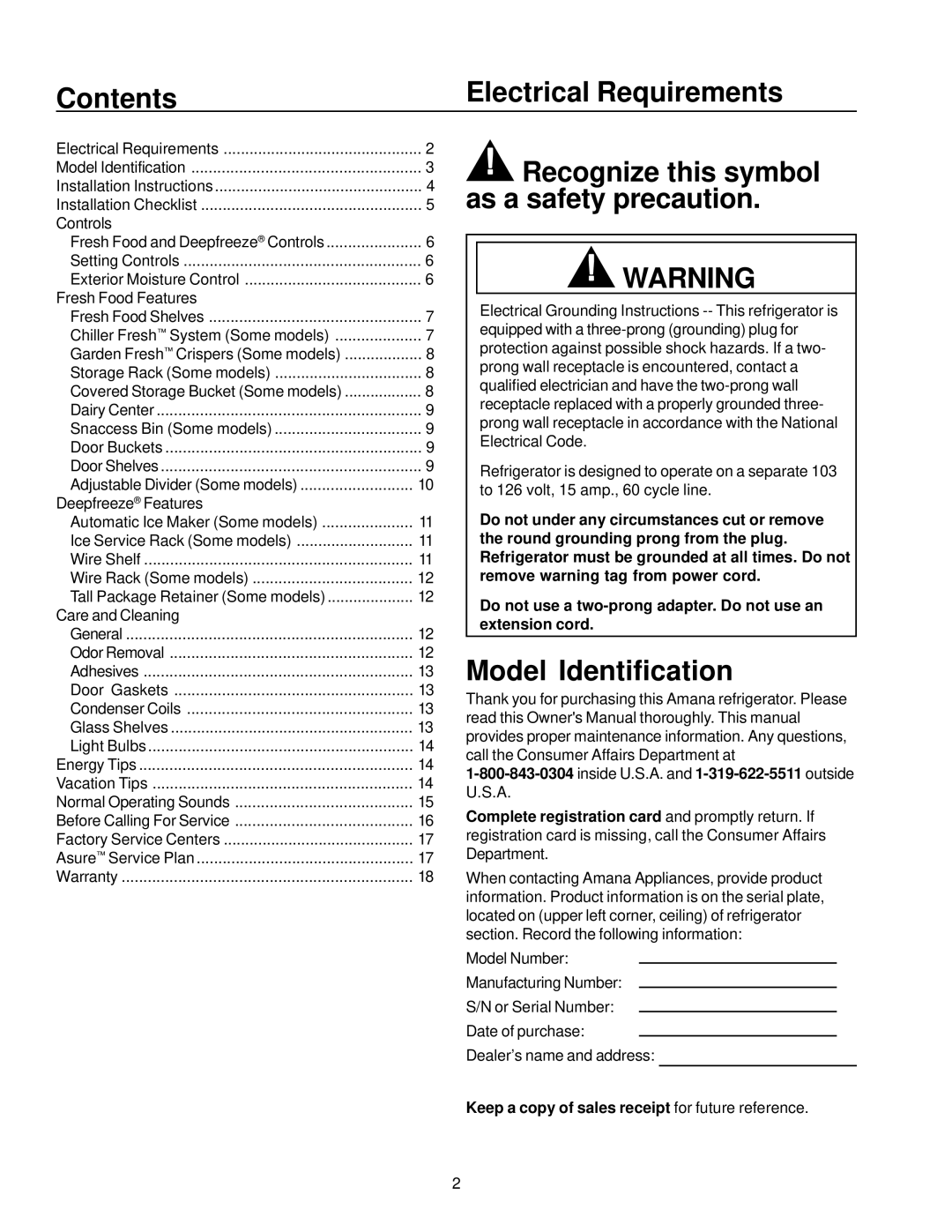 Amana Top-Freezer Refrigerator owner manual Contents Electrical Requirements, Recognize this symbol as a safety precaution 