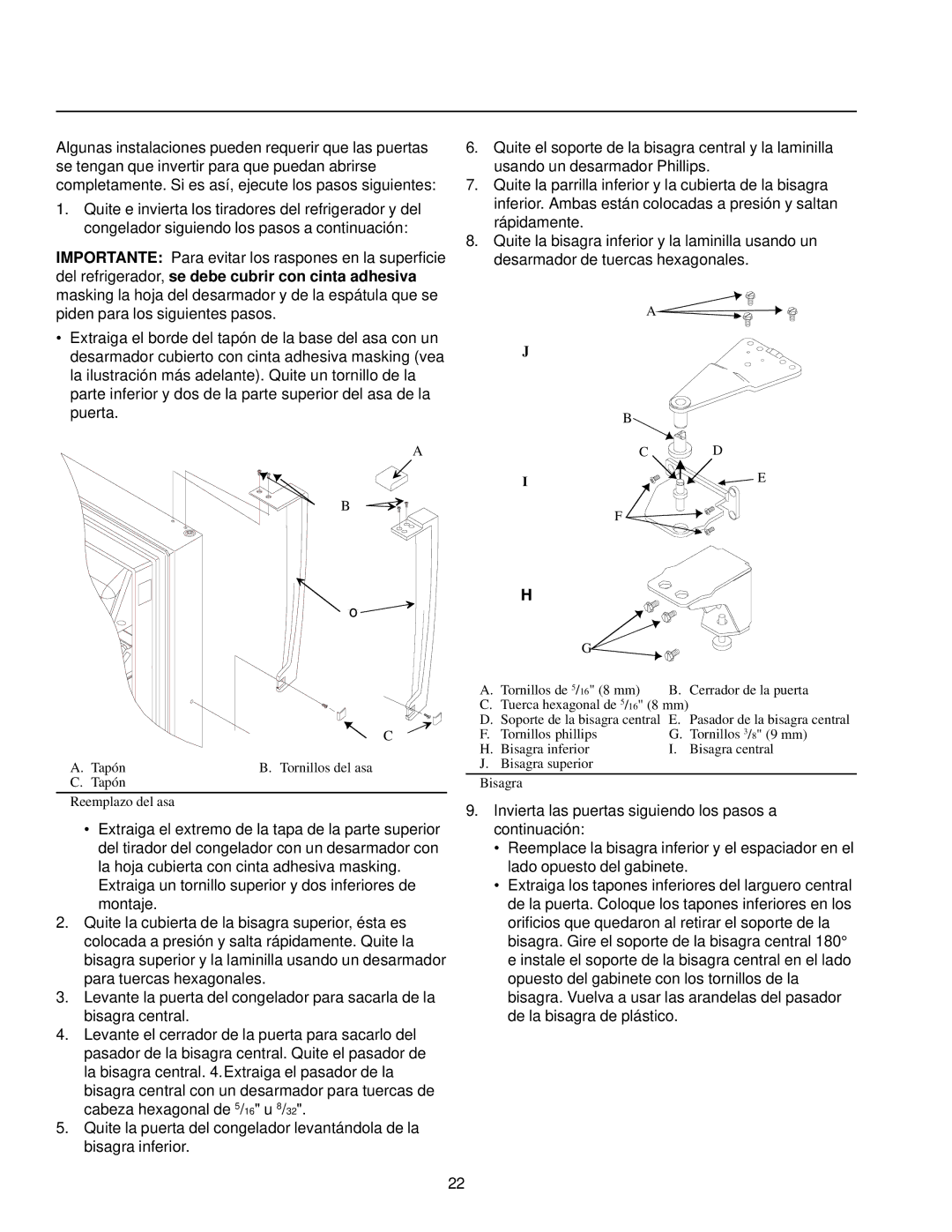 Amana Top-Freezer Refrigerator owner manual Tapón Tornillos del asa Tapón Reemplazo del asa 