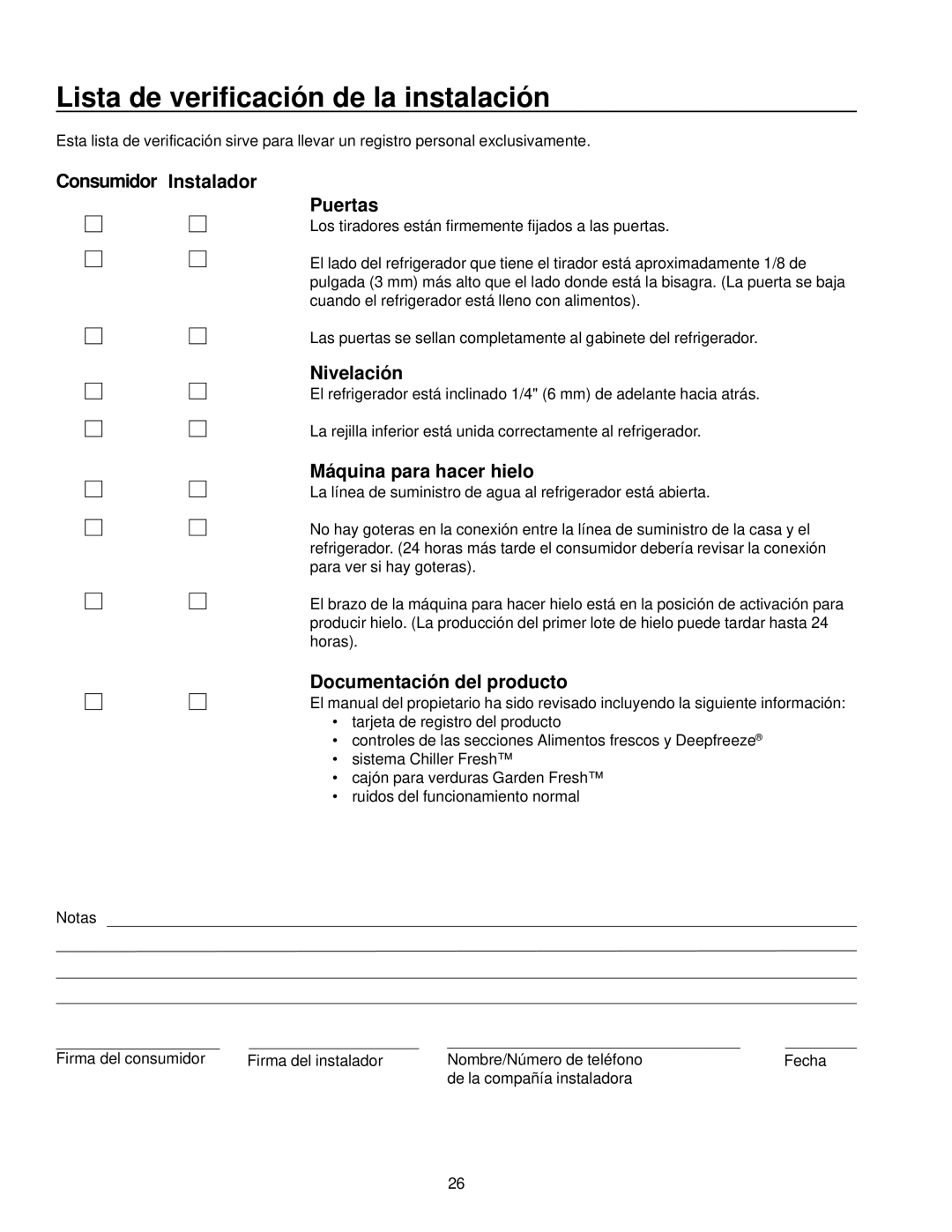 Amana Top-Freezer Refrigerator Lista de verificación de la instalación, Consumidor Instalador Puertas, Nivelación 