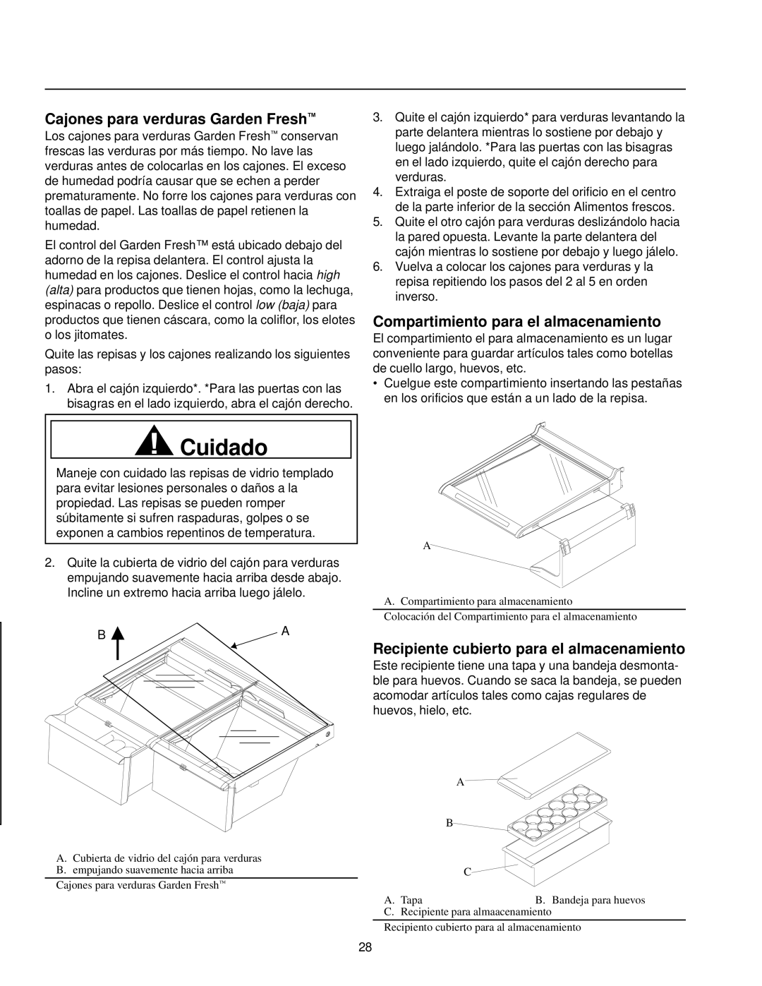 Amana Top-Freezer Refrigerator owner manual Cajones para verduras Garden Fresh, Compartimiento para el almacenamiento 