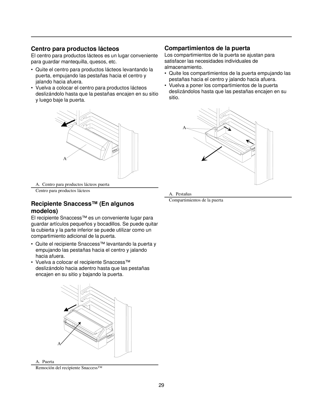 Amana Top-Freezer Refrigerator owner manual Centro para productos lácteos, Compartimientos de la puerta 