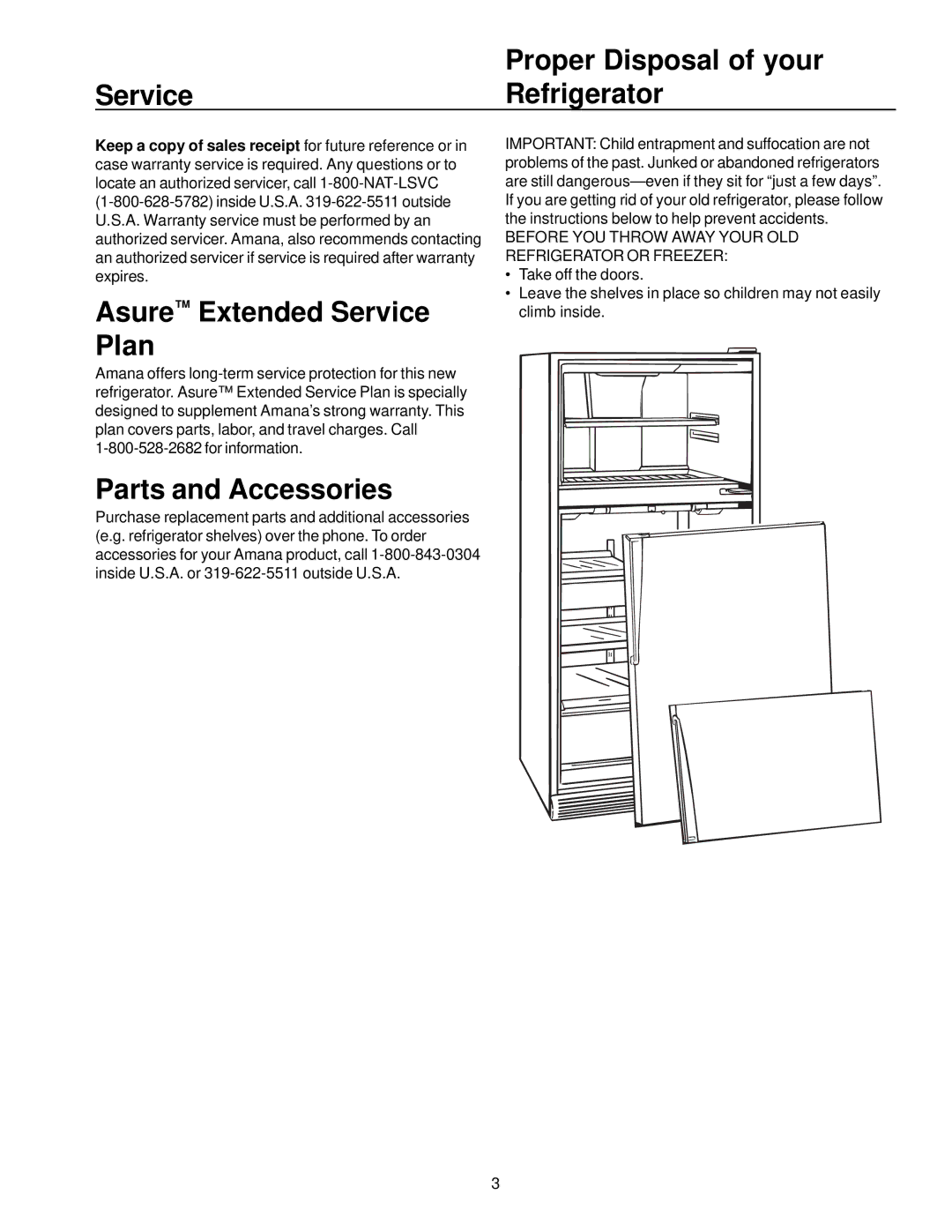 Amana Top-Freezer Refrigerator owner manual Proper Disposal of your, Service Refrigerator, Asure Extended Service Plan 