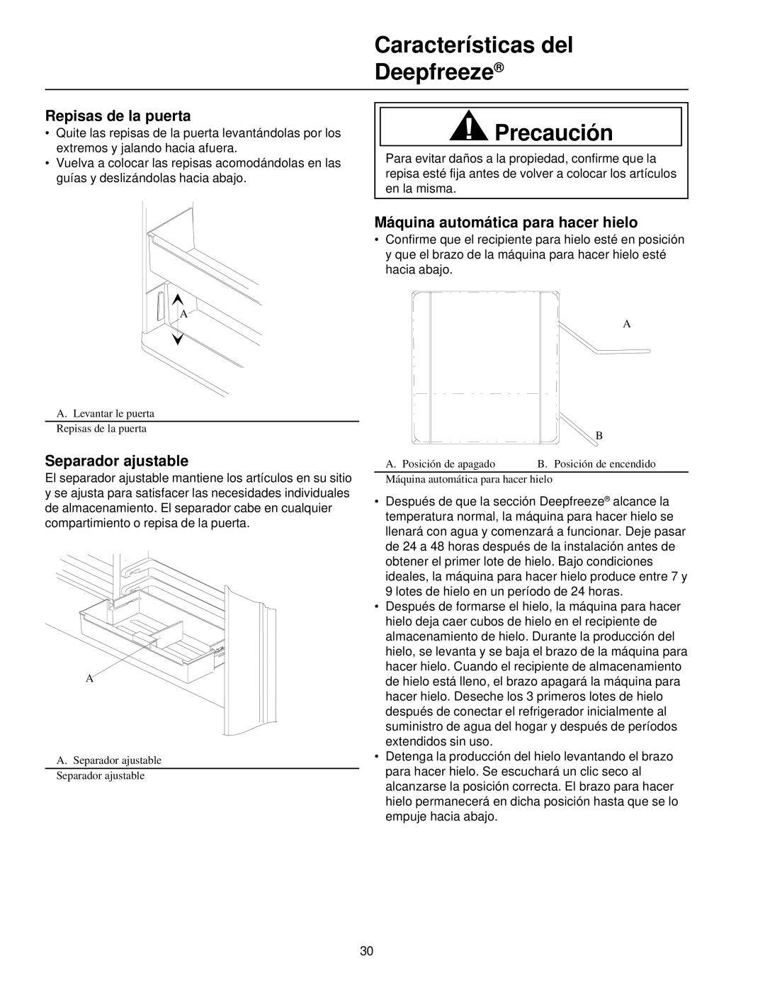 Amana Top-Freezer Refrigerator Características del Deepfreeze, Precaución, Repisas de la puerta, Separador ajustable 