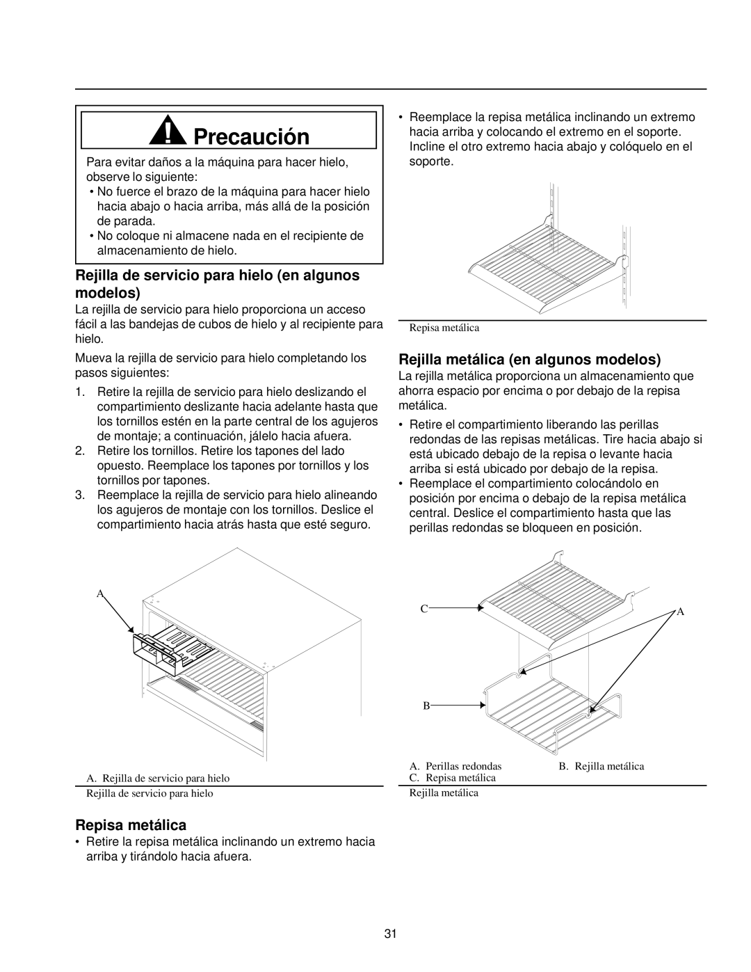 Amana Top-Freezer Refrigerator Rejilla de servicio para hielo en algunos modelos, Rejilla metálica en algunos modelos 