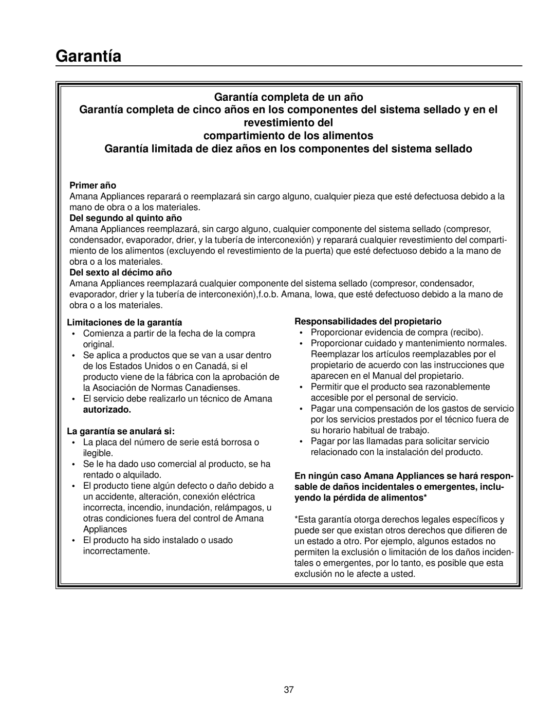 Amana Top-Freezer Refrigerator owner manual Garantía 