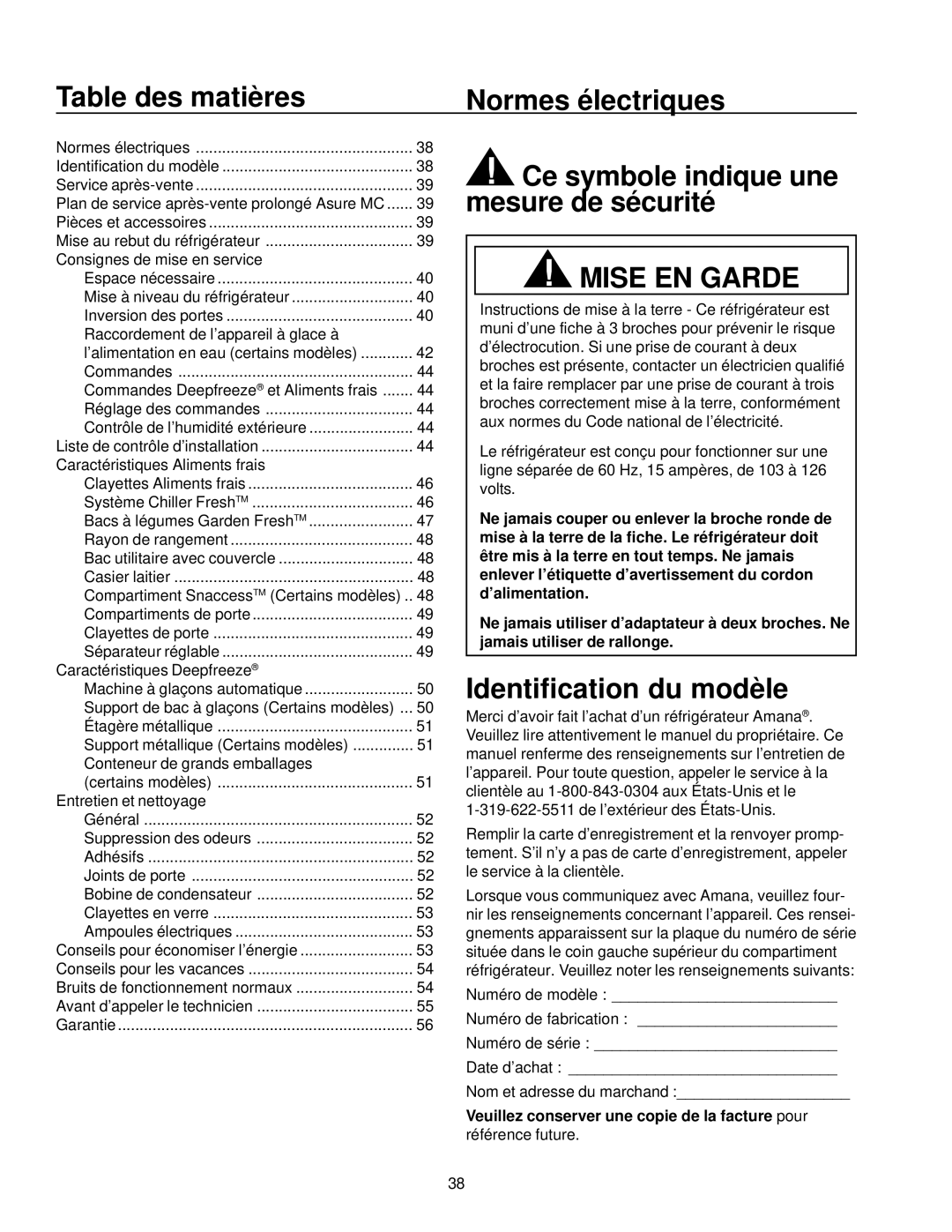 Amana Top-Freezer Refrigerator Table des matières Normes électriques, Ce symbole indique une mesure de sécurité 