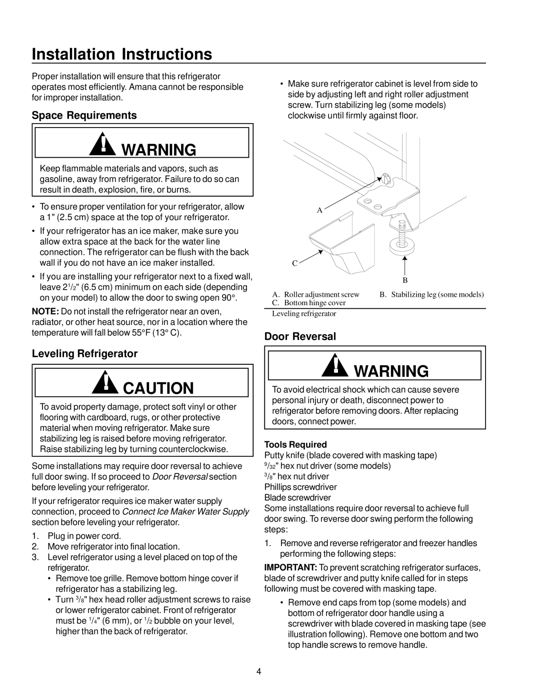 Amana Top-Freezer Refrigerator Installation Instructions, Space Requirements, Leveling Refrigerator, Door Reversal 