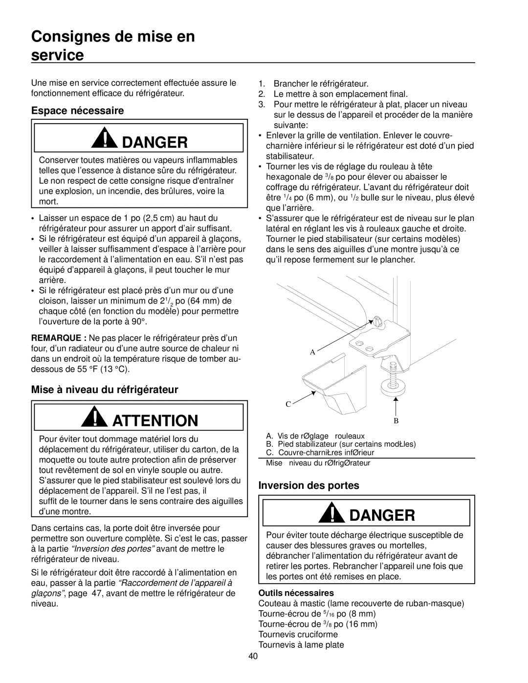 Amana Top-Freezer Refrigerator owner manual Consignes de mise en service, Espace nécessaire, Mise à niveau du réfrigérateur 