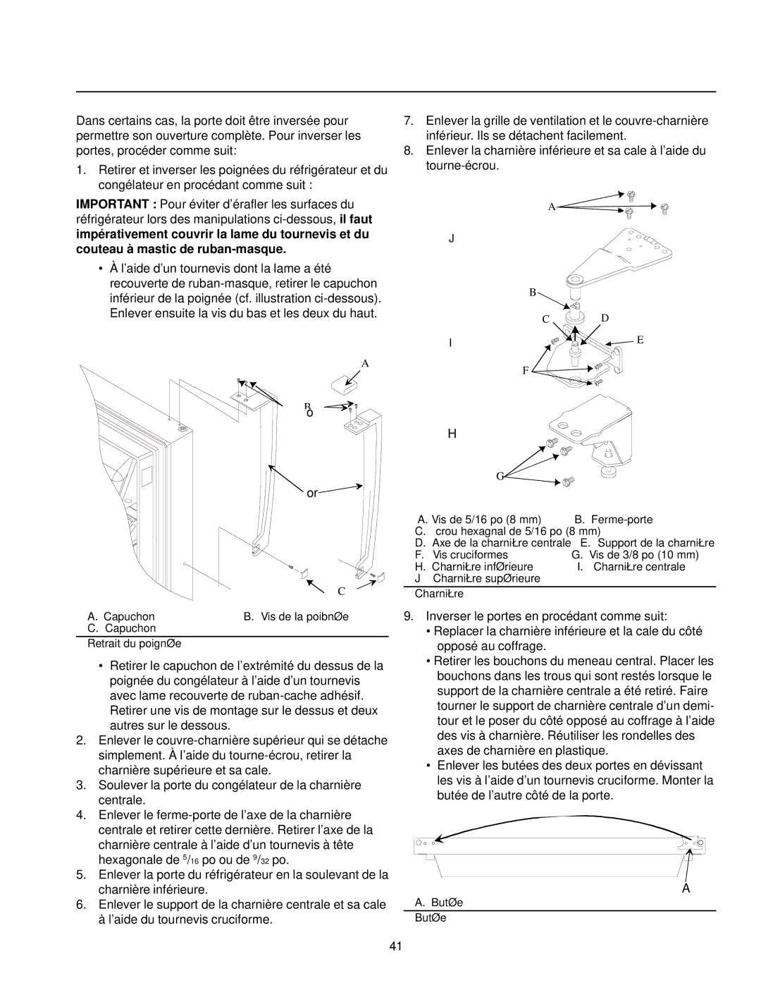 Amana Top-Freezer Refrigerator owner manual Capuchon Vis de la poibnée Capuchon Retrait du poignée 