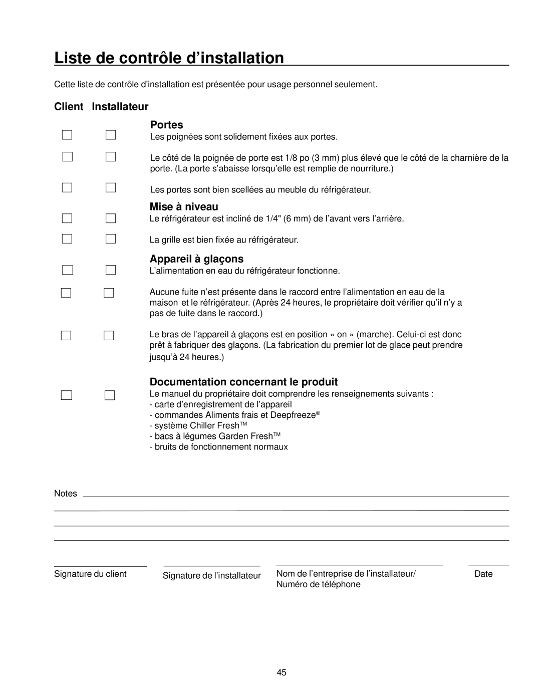 Amana Top-Freezer Refrigerator owner manual Liste de contrôle d’installation, Client Installateur Portes, Mise à niveau 