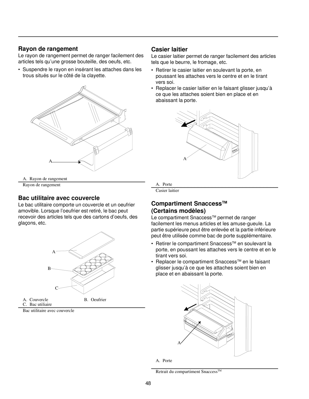 Amana Top-Freezer Refrigerator owner manual Rayon de rangement, Bac utilitaire avec couvercle, Casier laitier 