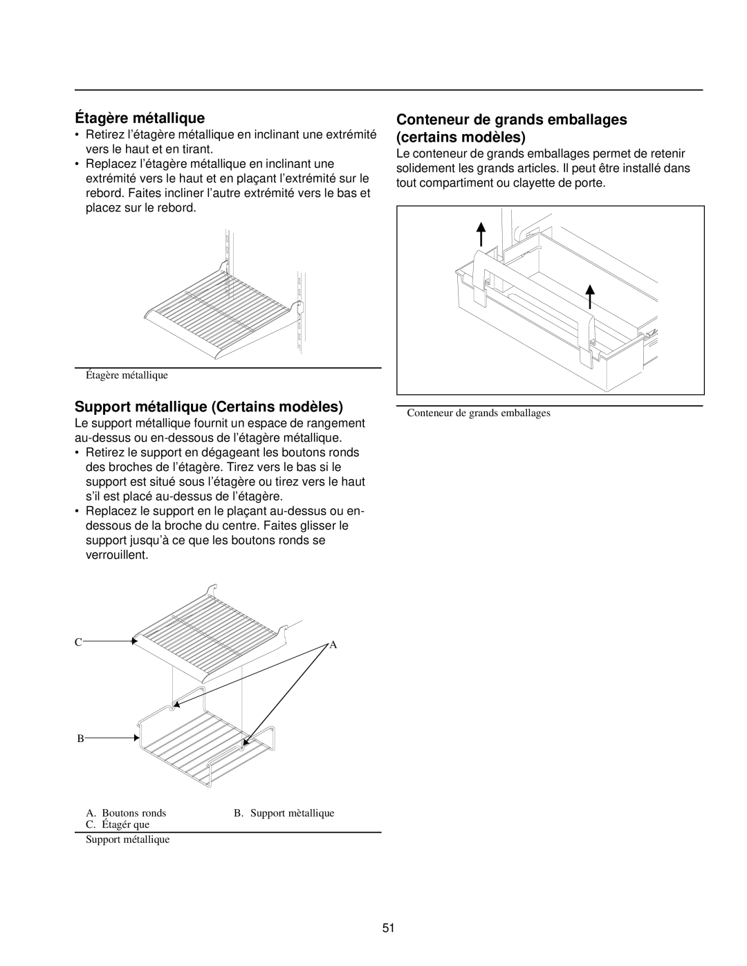 Amana Top-Freezer Refrigerator owner manual Étagère métallique, Conteneur de grands emballages certains modèles 