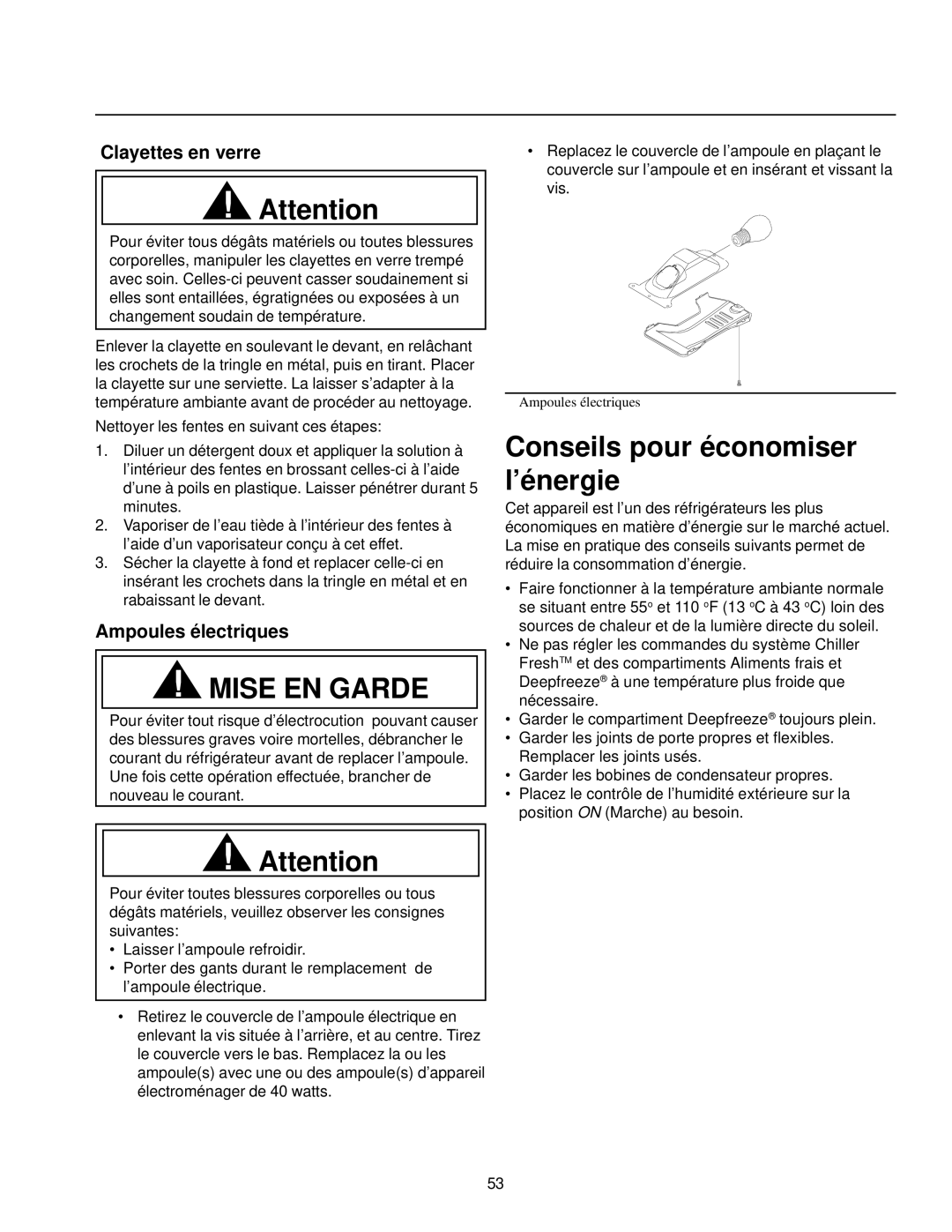 Amana Top-Freezer Refrigerator owner manual Conseils pour économiser l’énergie, Clayettes en verre, Ampoules électriques 