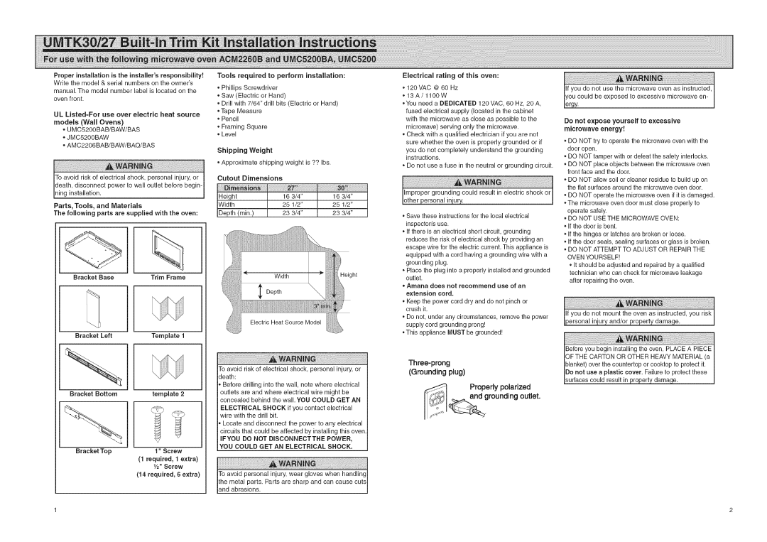 Amana UMTK27, UMTK30 owner manual Trim Frame, Tools required to perform installation, Cutout Dimensions 