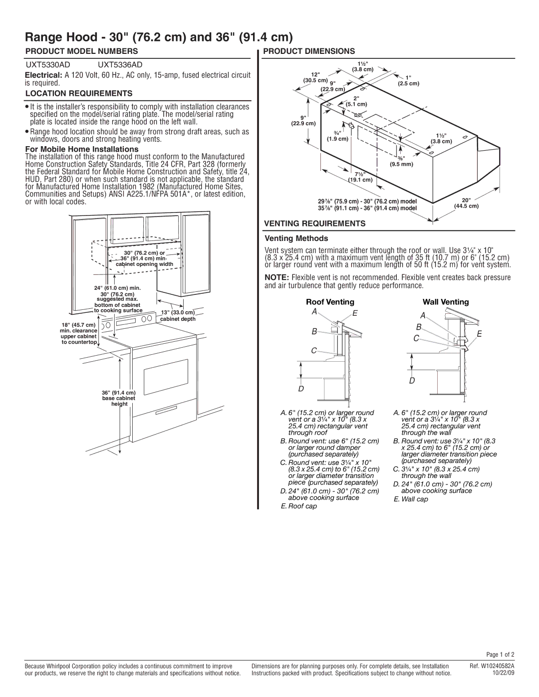 Amana UXT5336AD dimensions Product Model Numbers, Location Requirements, Product Dimensions, Venting Requirements 