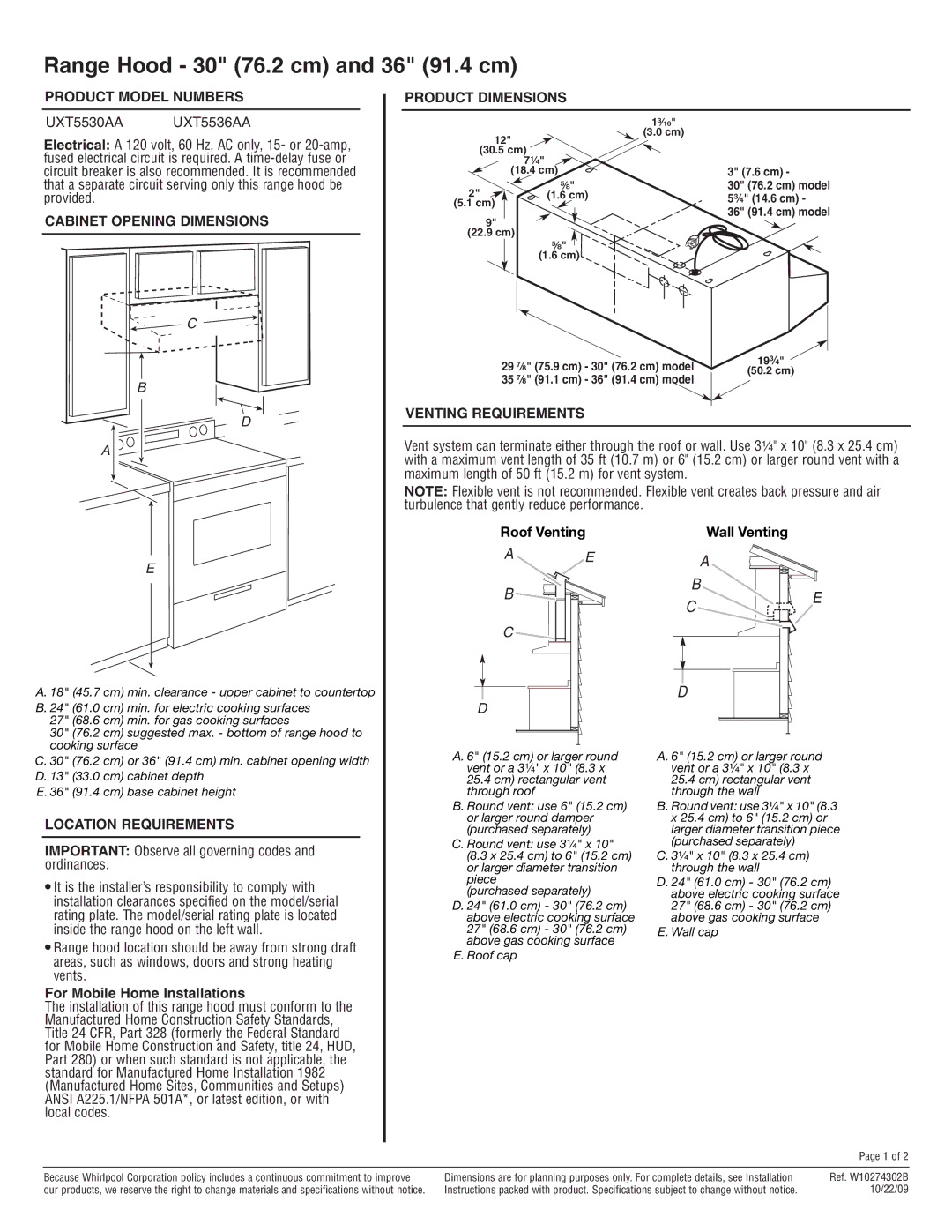 Amana UXT5536AA specifications Product Model Numbers, Cabinet Opening Dimensions Product Dimensions, Venting Requirements 