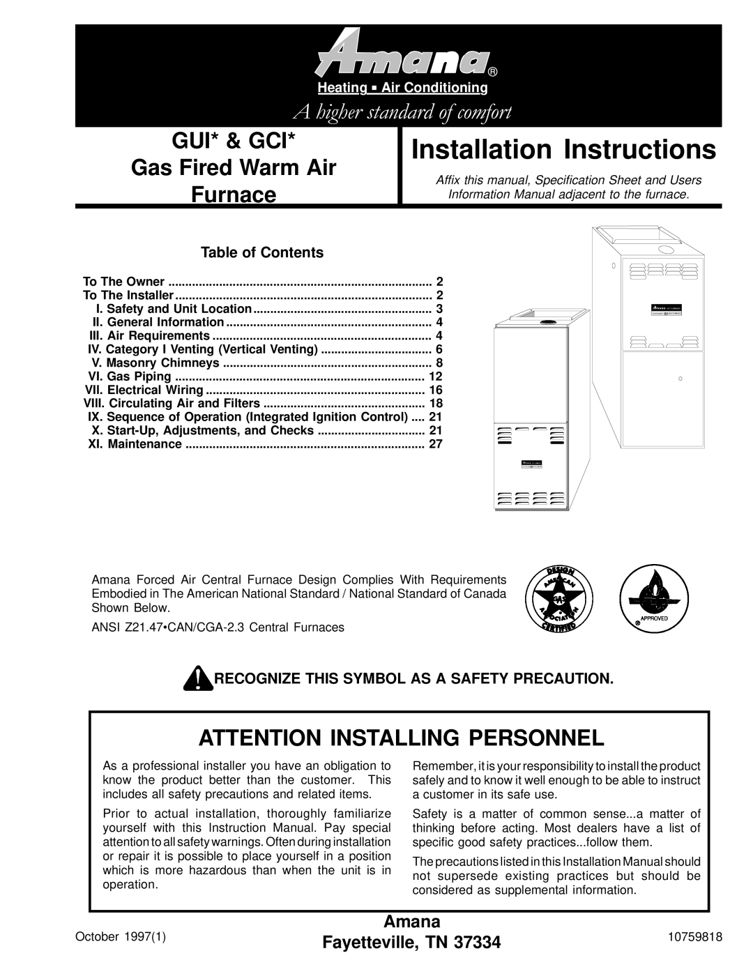 Amana VR8205 installation instructions Installation Instructions, Table of Contents 