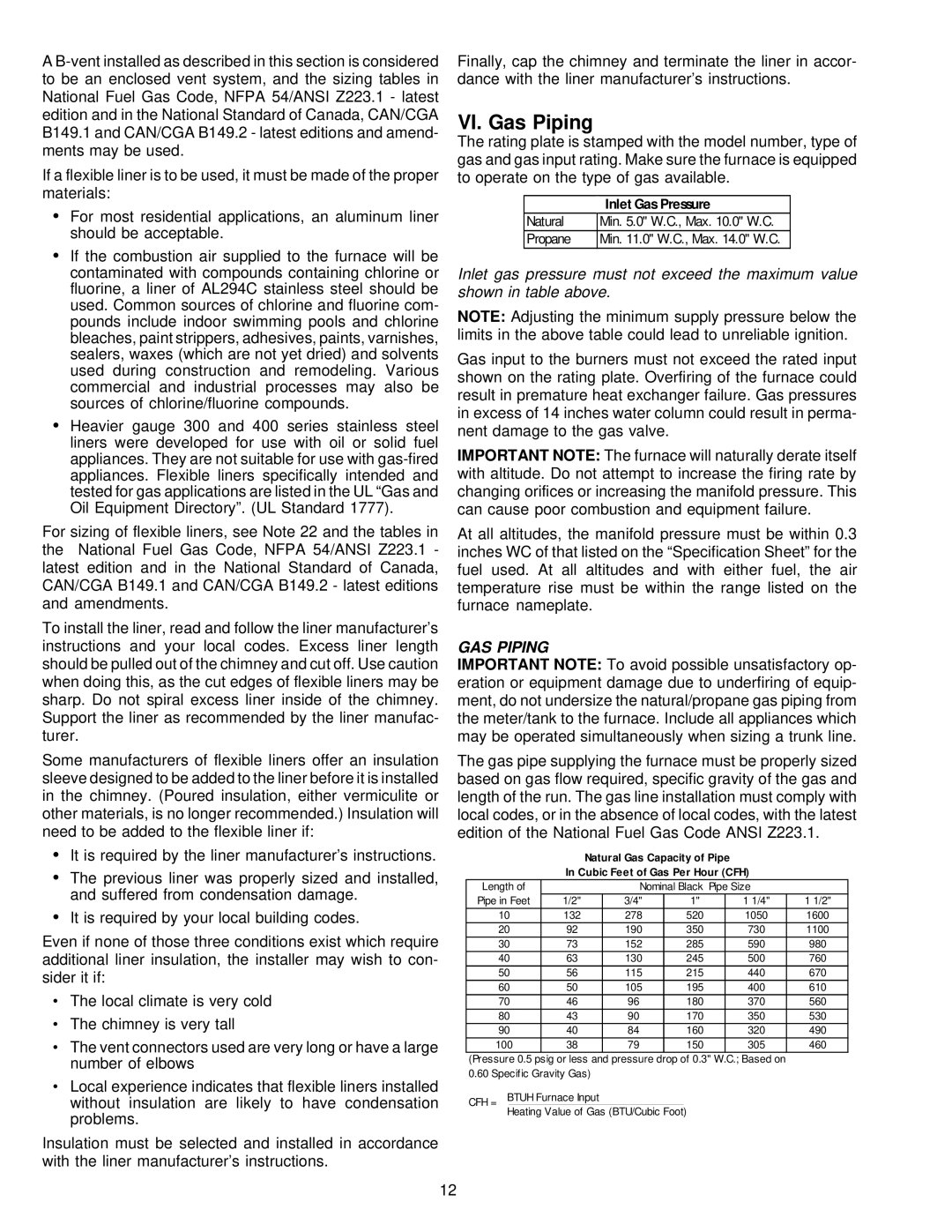 Amana VR8205 installation instructions VI. Gas Piping, GAS Piping 